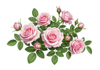 Fototapeta premium Pink Rose Floral Arrangement with Buds and Green Leaves on White