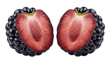 A creative arrangement of a sliced strawberry nestled within a blackberry