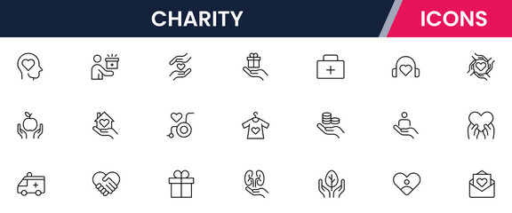 Vector illustration web line icon collection for charity: donations, volunteering, hearts, and community support symbols in a compassionate, modern, and clean design style.