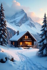 A cozy cabin nestled in a snowy mountain landscape, perfect for a winter getaway The scene evokes peace, tranquility, and the joy of a relaxing holiday escape , pine, ski