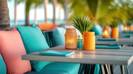 An inviting outdoor dining setup with colorful cushions, potted plants, and glowing candles, creating a lively and relaxed atmosphere perfect for gatherings and leisure.