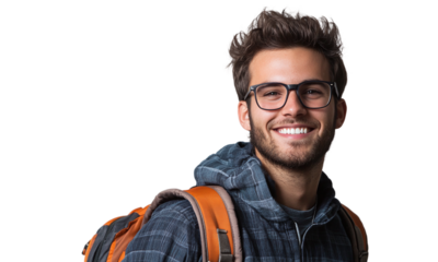 Portrait of a smiling male college student with books and backpack, wearing glasses, isolated on transparent background.