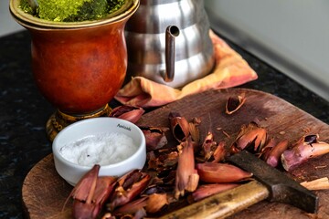 Brazilian winter tradition, yerba mate chimarrão with roasted pine nuts and bergamot