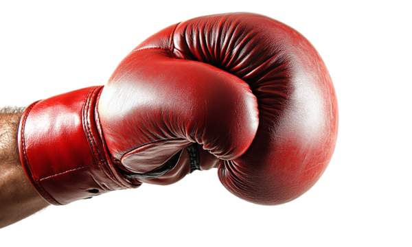 Red boxing glove on men's hand punching, isolated on transparent background.