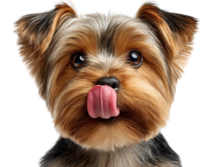 Yorkshire Terrier Puppy Licking Lips: An adorable Yorkshire Terrier puppy with long, silky fur looks directly at the camera, its pink tongue playfully licking its lips, capturing its endearing charm.