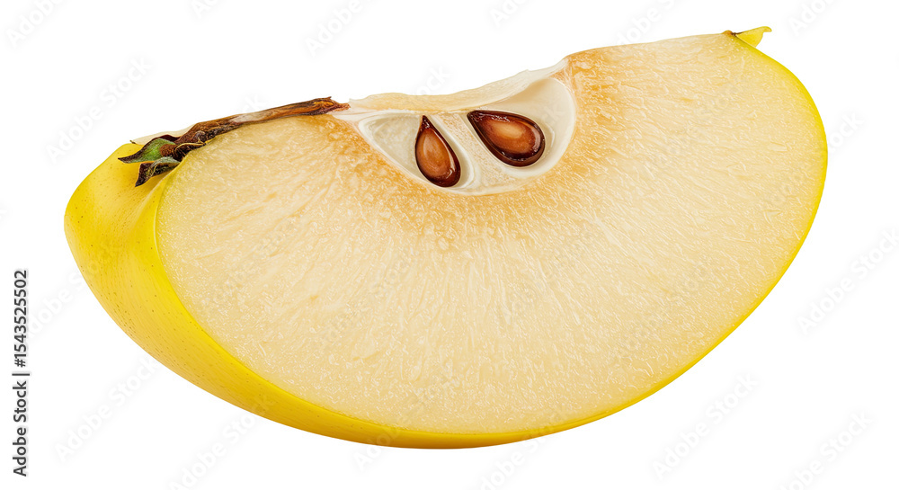 Poster a close-up view of a cut quince fruit wedge with seeds on a black background