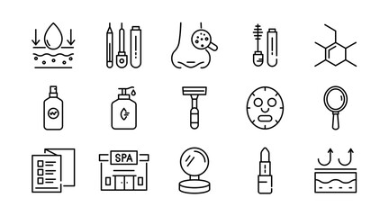 Care Products linear icon set. Personal care products, dermatology, collagen, cream, sunscreen, hair care, lip, cosmetic, product, facial, salon, clean outline vector icon set. UI thin line icon pack.
