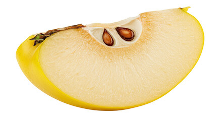 A close-up view of a cut quince fruit wedge with seeds on a black background