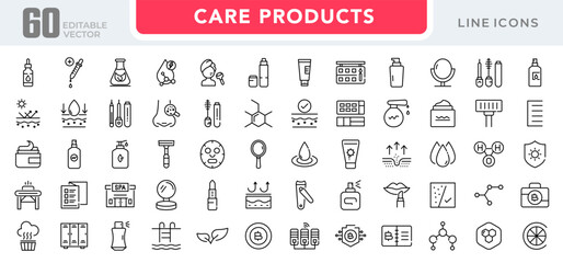 Care Products linear icon set. Personal care products, dermatology, collagen, cream, sunscreen, hair care, lip, cosmetic, product, facial, salon, clean outline vector icon set. UI thin line icon pack.