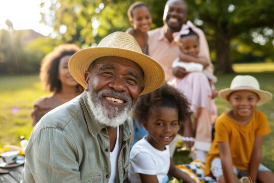 Happy grandfather smiling with family during picnic in park