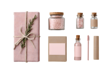 A flat lay, minimalistic still life with natural elements on transparent background