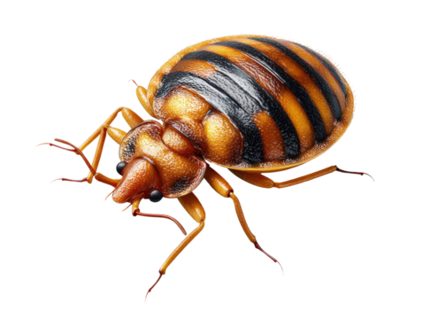 Close-up of a Stripped Bug: A high-resolution close-up showcases a strikingly patterned bug with a series of vibrant, banded stripes across its back, and slender legs