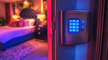 Digital keypad lock on a wooden door, interior bedroom scene