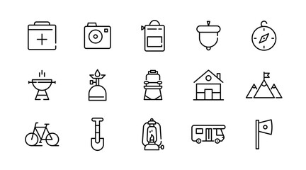 Camping linear icon set. Adventure, tourism, hiking, bonfire, backpack, tent, travel, landscape, climbing, kayak, map, camp, forest, outdoor websites outline vector icon set. UI thin line icon pack.