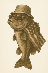 Patriotic vintage largemouth bass with sunglasses and American flag in illustration, 4th of July