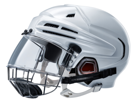 Modern Hockey Helmet: A pristine hockey helmet showcasing a sleek, protective design. The transparent visor, sturdy cage, and aerodynamic shell exude both safety and style.