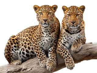 Fototapeta premium Leopards Perched Together: Two majestic leopards sit side-by-side, displaying their stunning spotted coats. Capturing the essence of wildlife and their harmonious coexistence.