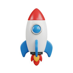 3D rendered illustration of a cartoon rocket ship in white red and blue colors with transparent background. The rocket has a flame coming out of it