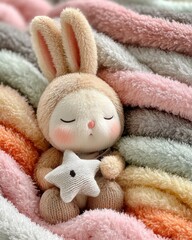 Sleeping baby bunny holding star plush, pastel blanket, watercolor gentle glow