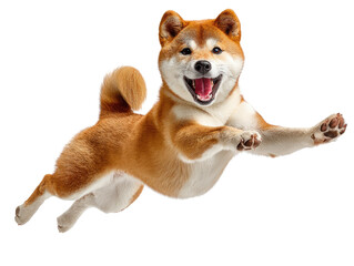 Energetic Shiba Inu in Flight: A vibrant Shiba Inu dog leaps through the air against a clean backdrop, its joyful expression and dynamic pose capture the essence of freedom and spirited play.