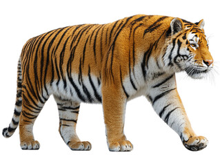 Fototapeta premium Majestic Tiger Strolling: A full body shot of a robust tiger strides confidently, its vibrant orange and black stripes creating a striking contrast, exuding power and beauty in a pristine shot.