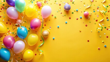 A jubilant celebration background featuring colorful balloons, confetti, and ribbons on a bright yellow surface