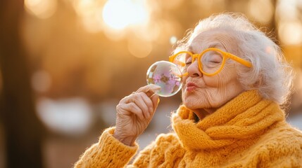 An elderly woman with glasses and curly white hair enjoys blowing bubbles in a golden sunset, radiating joy and the beauty of life's small pleasures.