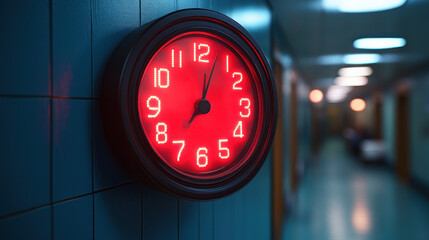 Red clock on teal wall in a hallway