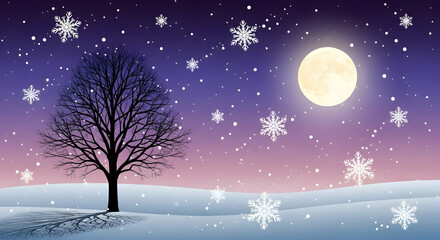 Fototapeta premium Winter Night Scene with Tree, Snowflakes and Moon