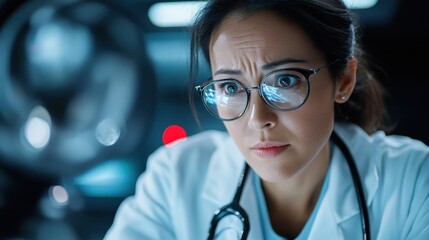A focused female doctor wearing glasses studies medical data in a modern office, reflecting determination and dedication in her healthcare profession.