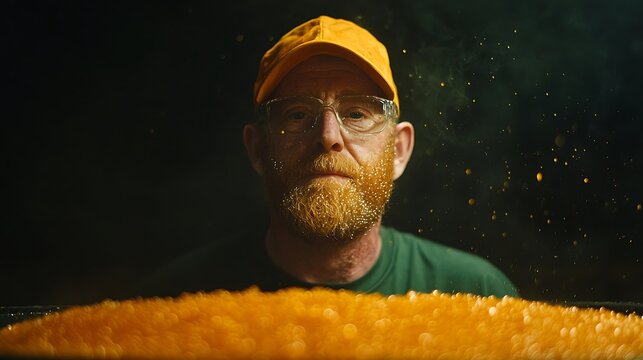 Redhead man with glasses amidst orange particles