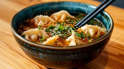 Spicy dumpling soup with sesame seeds and green onions
