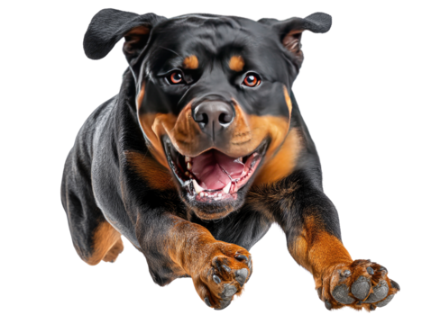 Energetic Rottweiler's Run: A vibrant shot of a powerful Rottweiler in full flight, eyes focused and filled with spirit, showcasing the breed's dynamic energy and strength.