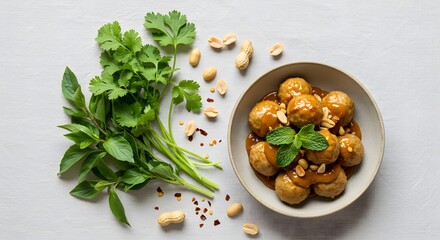 Flat lay of Kanda (meatballs with peanut sauce), arranged in ceramic bowl at lower right third, fresh herbs scattered for garnish 1