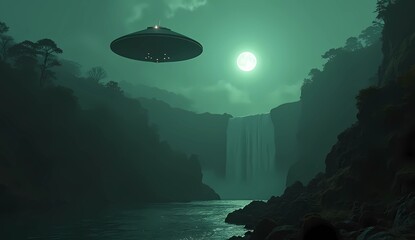 Ufo silhouette flying over waterfall during full moon. Generate AI
