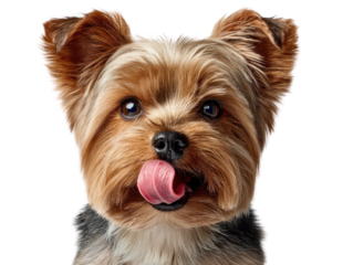 Yorkshire Terrier's playfulness: A captivating portrait of a Yorkshire Terrier. this adorable creature's tongue delicately licks its snout in a moment of charming playfulness and joy