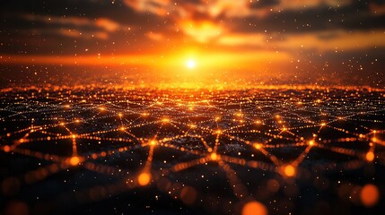 Illuminated network connecting glowing points at sunset.