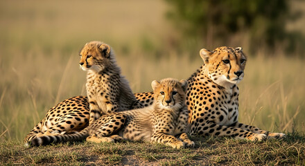Cheetah with Cubs Resting in Grass