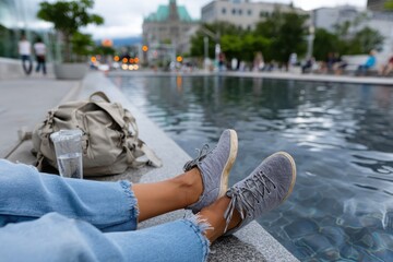 Bare feet dipped in calm water beside a city landscape reflect a moment of tranquility, inviting viewers to find peace amid the hustle and bustle of urban life.