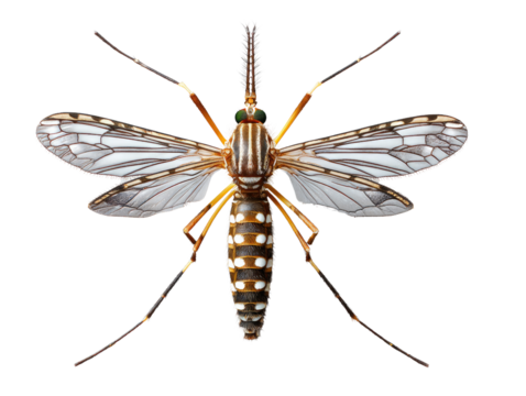 Aedes Mosquito Close-Up: Detailed, Aedes mosquito showcasing its distinct black and white markings against stark background.