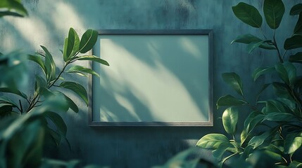 Obraz premium Blank picture frame hangs on a textured wall surrounded by vibrant green foliage and soft light.