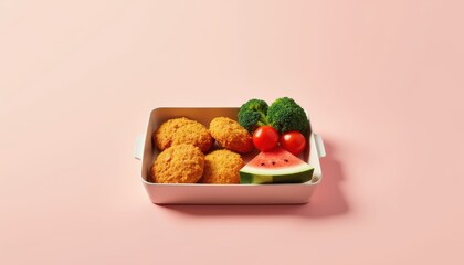 Delicious and Healthy Meal with Chicken Nuggets, Fresh Vegetables, and Watermelon on Pink Background