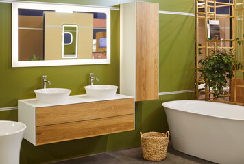 Empty stylish contemporary bathroom interior with modern bathtub decorated with plant, wooden...