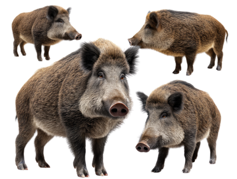 Wild Boar Diversity: An artful presentation of multiple wild boars in various poses showcases their rugged beauty and captivating presence. A comprehensive display perfect for projects