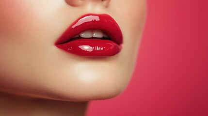 Obraz premium Close-up of vibrant red lips with gloss.