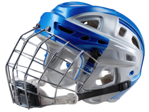 Hockey Helmet: A close-up of a hockey helmet, designed to protect against injury during play. The helmet's features are highlighted, emphasizing its importance in maintaining player safety on the ice.
