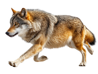 Obraz premium Lone Wolf's Stride: A solitary wolf strides purposefully across the landscape, embodying strength, and primal instinct, its gaze fixed on the horizon.