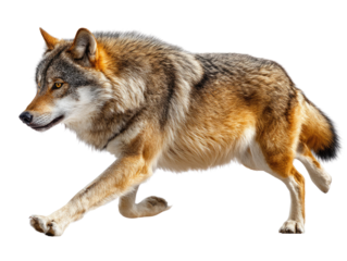 Lone Wolf's Stride: A solitary wolf strides purposefully across the landscape, embodying strength, and primal instinct, its gaze fixed on the horizon.