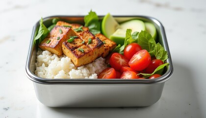 Healthy Meal Prep Container with Grilled Tofu, Fresh Vegetables and Cooked Rice