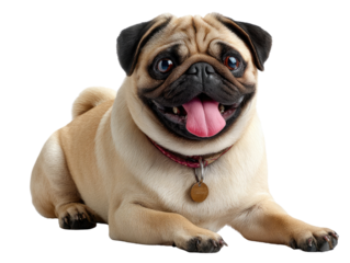 Pug Portrait: A charming pug sits, its wrinkled face radiating happiness and warmth. The dog's endearing expression and unique features, highlighted in stunning detail. 